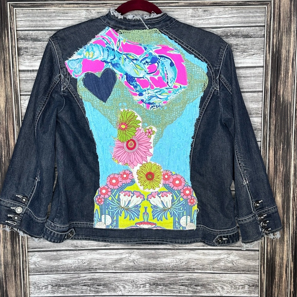 Recycled UpCycled Vintage Lily Pulitzer Denim Jacket Gypsy Hippie Handmade XL